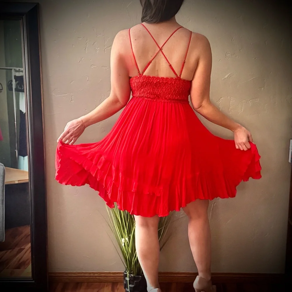 Southern Fried Chics Flirty Flare Lace Cutout Strappy Elegant Vibrant Red Dress - Picture 6 of 10